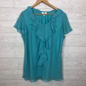 Cato Women's Size 18/20W Short Sleeve Blouse Ruffle Front Light Blue V Neck Top